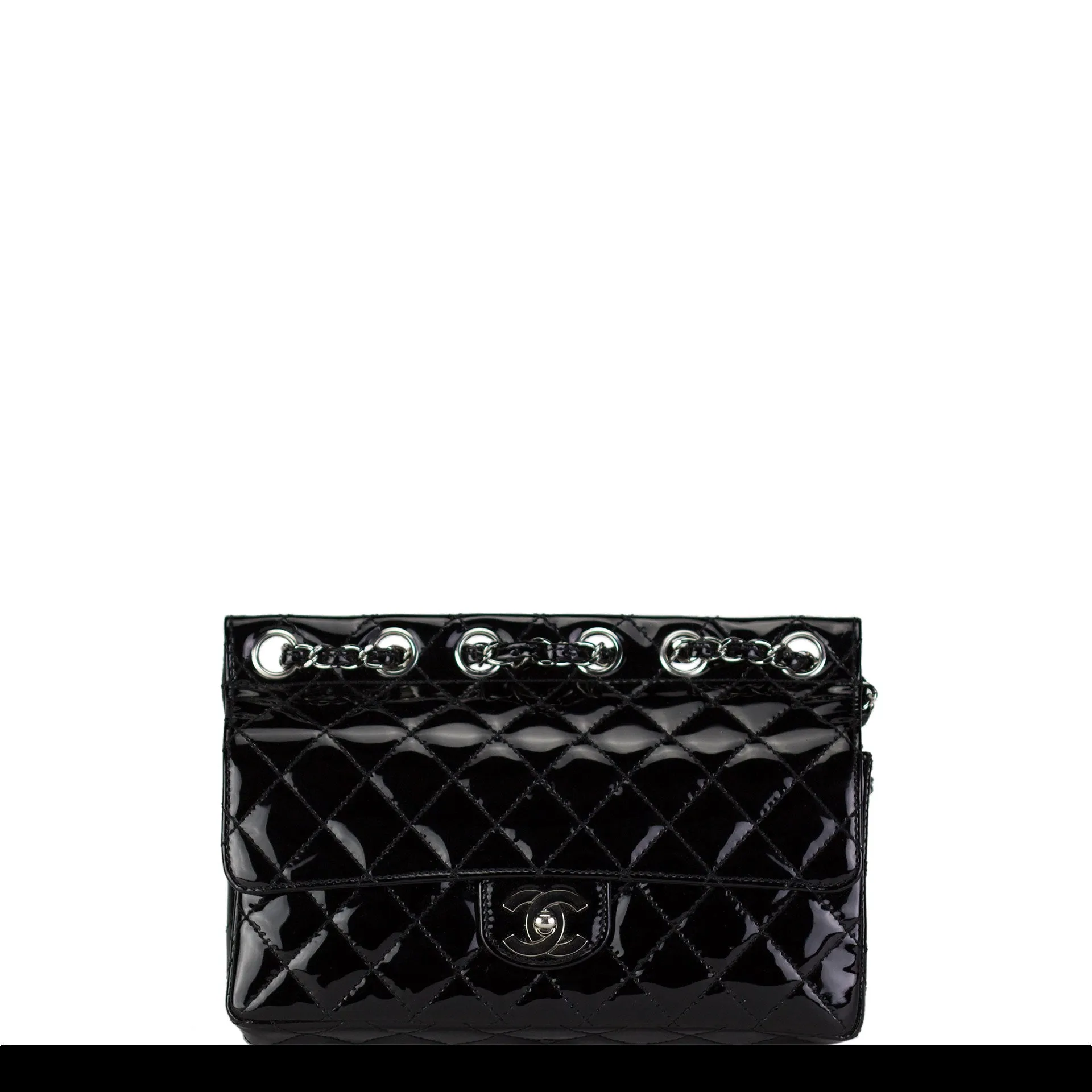 Chanel Classic Flap Supermodel Flat Top Super Rare Quilted Black Patent Leather Crossbody Bag