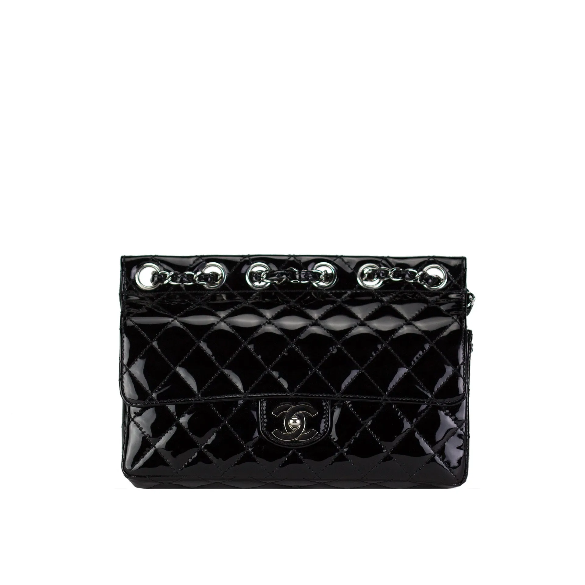 Chanel Classic Flap Supermodel Flat Top Super Rare Quilted Black Patent Leather Crossbody Bag