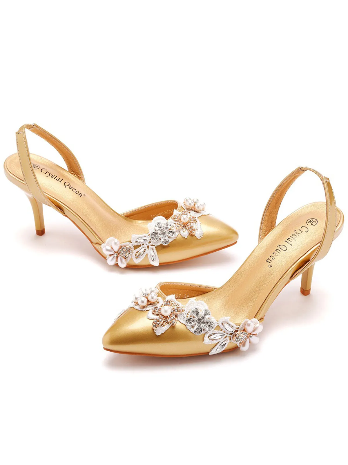 Elegant Pearl Lace Appliques Decor Pointed Toe Stiletto Slingback High Heels
