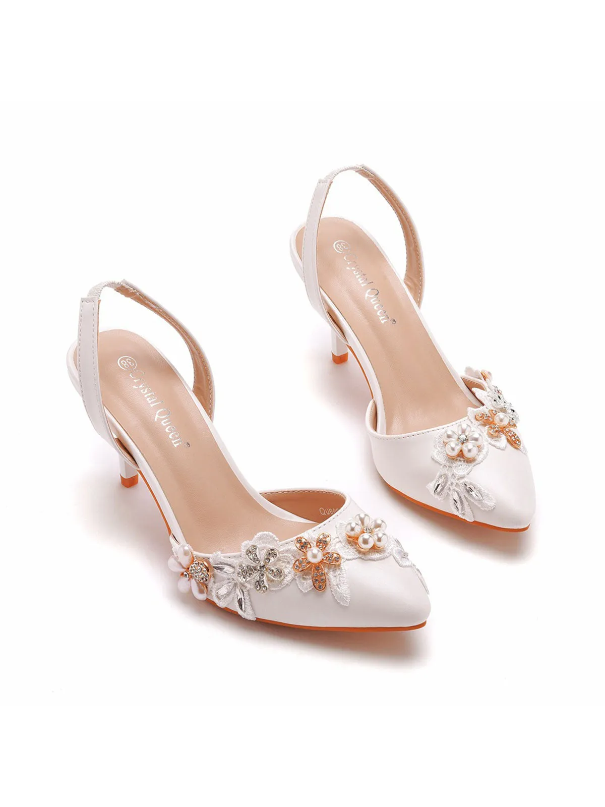 Elegant Pearl Lace Appliques Decor Pointed Toe Stiletto Slingback High Heels