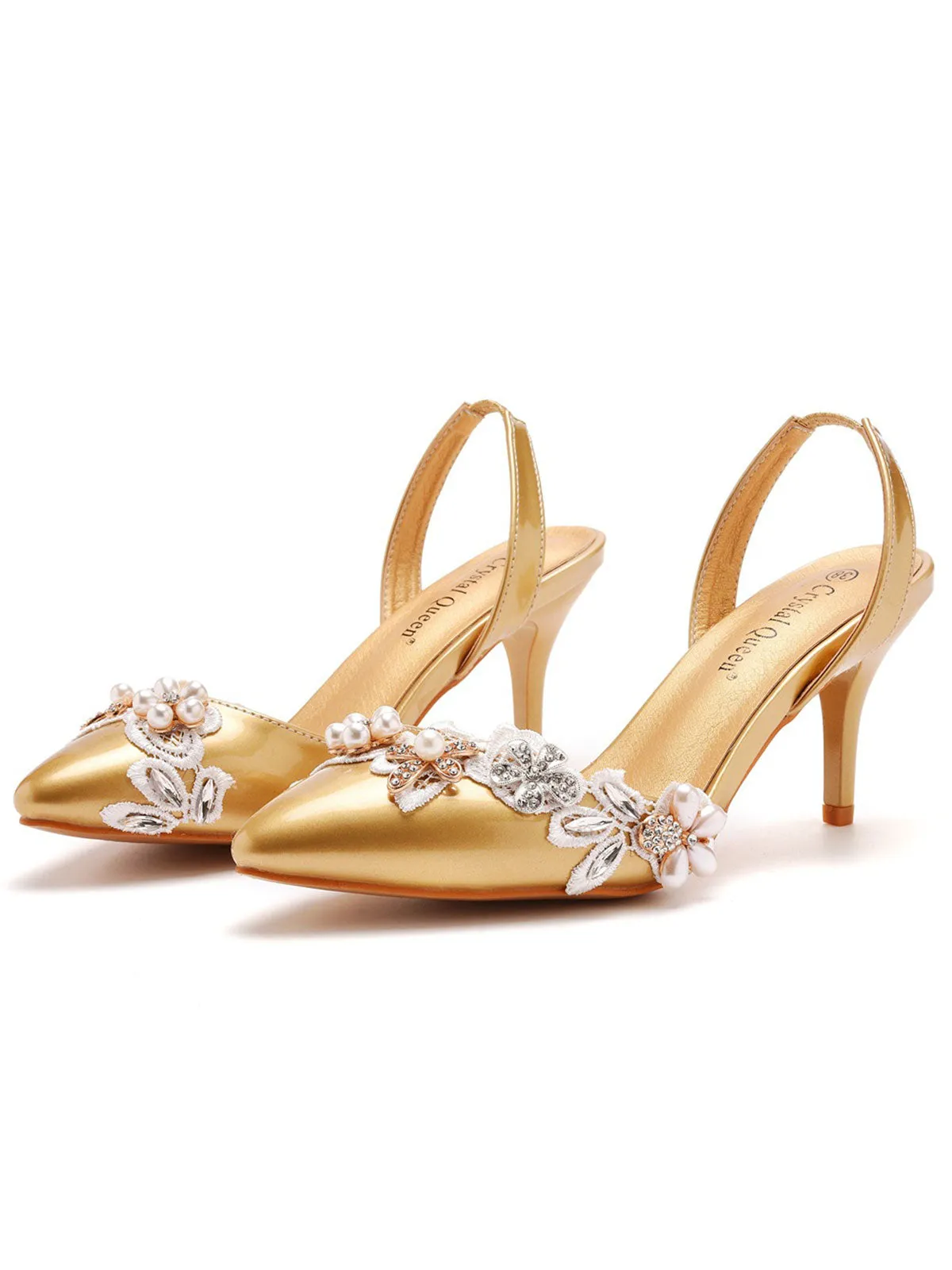 Elegant Pearl Lace Appliques Decor Pointed Toe Stiletto Slingback High Heels