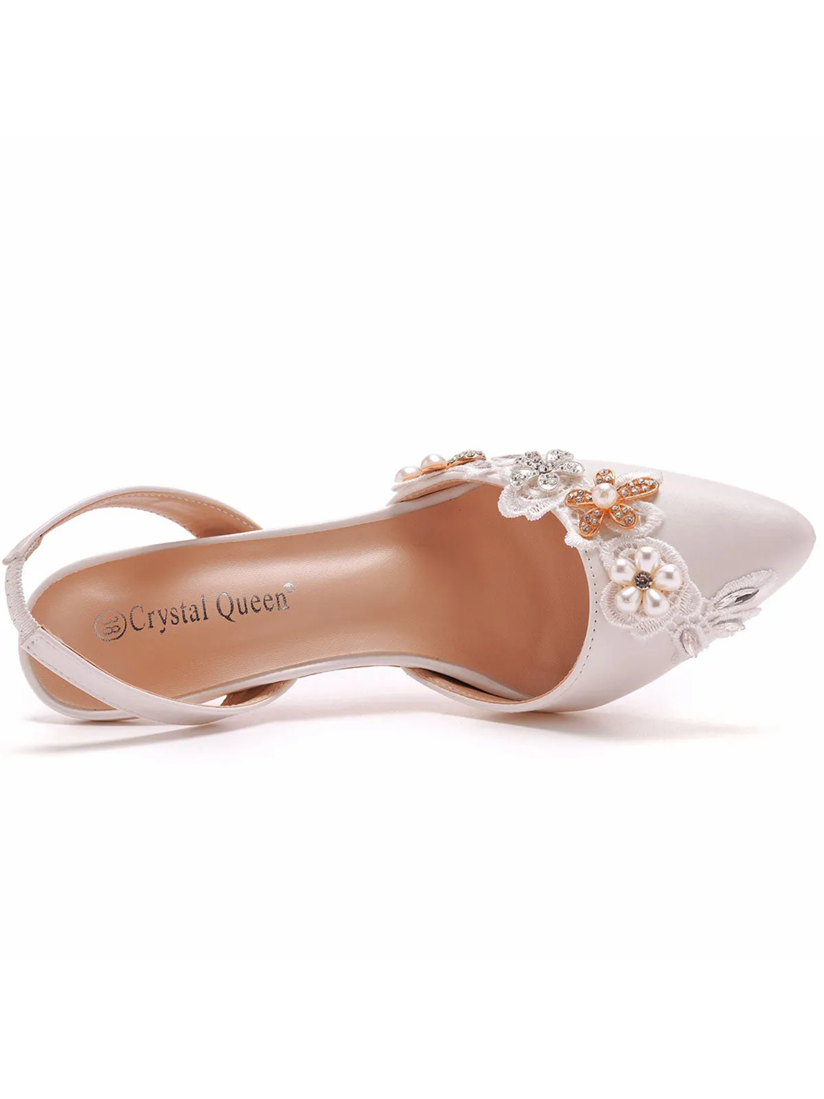 Elegant Pearl Lace Appliques Decor Pointed Toe Stiletto Slingback High Heels