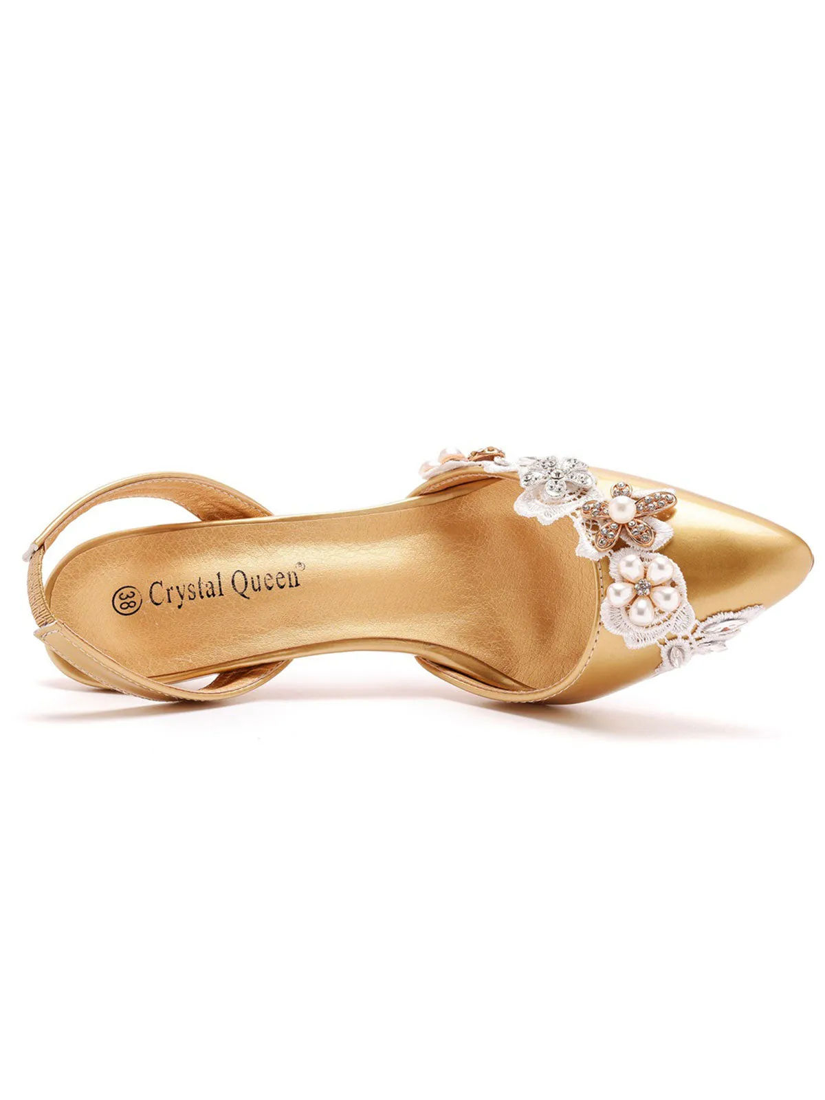 Elegant Pearl Lace Appliques Decor Pointed Toe Stiletto Slingback High Heels