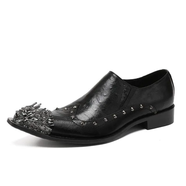 Genuine Leather Dragon Head Pointed Snake Embossed Men Dress Shoes