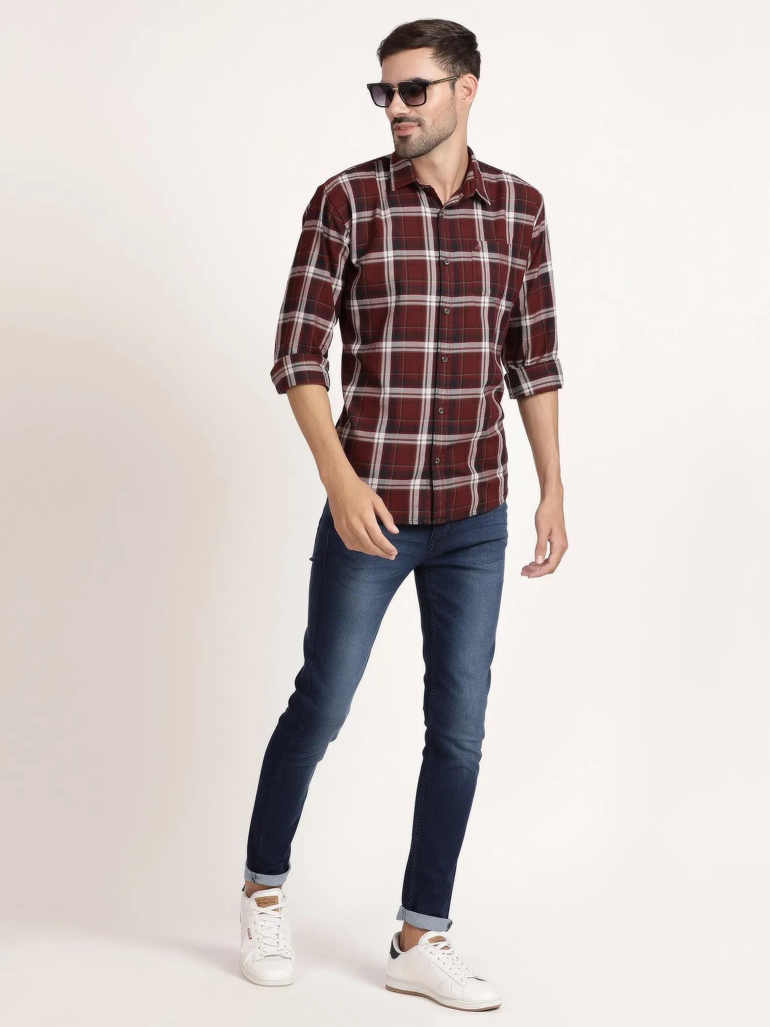 Men Red and White Checked Casual Shirt (GBHM5029)