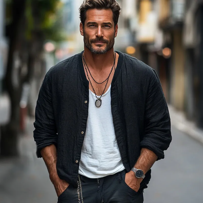 Men's Black Casual Loose Cotton and Linen Long-sleeved Shirt 89218429U