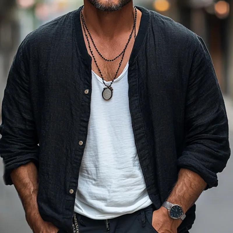 Men's Black Casual Loose Cotton and Linen Long-sleeved Shirt 89218429U
