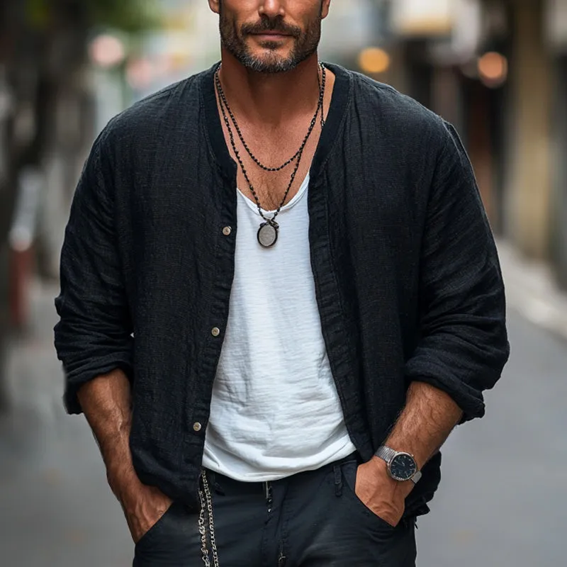 Men's Black Casual Loose Cotton and Linen Long-sleeved Shirt 89218429U