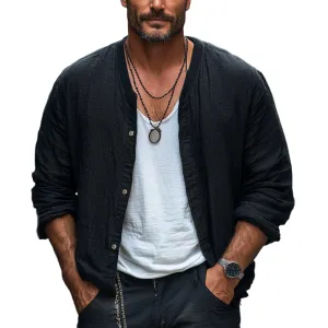 Men's Black Casual Loose Cotton and Linen Long-sleeved Shirt 89218429U
