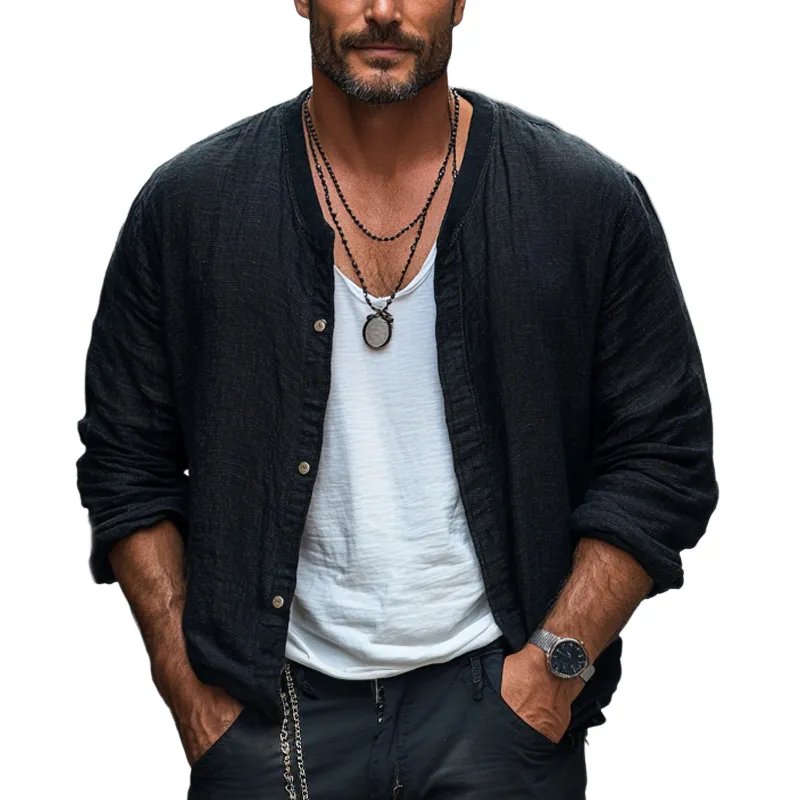 Men's Black Casual Loose Cotton and Linen Long-sleeved Shirt 89218429U