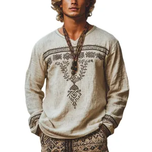 Men's Vintage Embroidery Cotton and Linen V Neck Long Sleeve Shirt 12337540Y