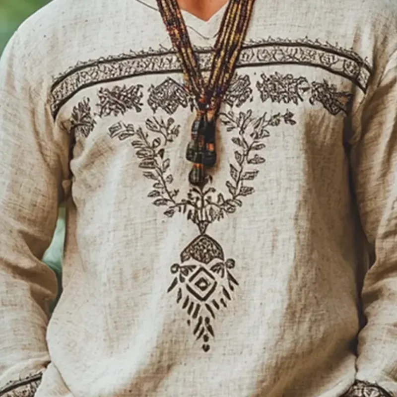 Men's Vintage Embroidery Cotton and Linen V Neck Long Sleeve Shirt 12337540Y