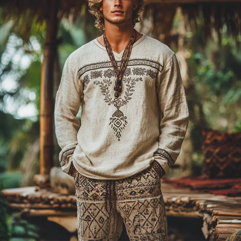 Men's Vintage Embroidery Cotton and Linen V Neck Long Sleeve Shirt 12337540Y