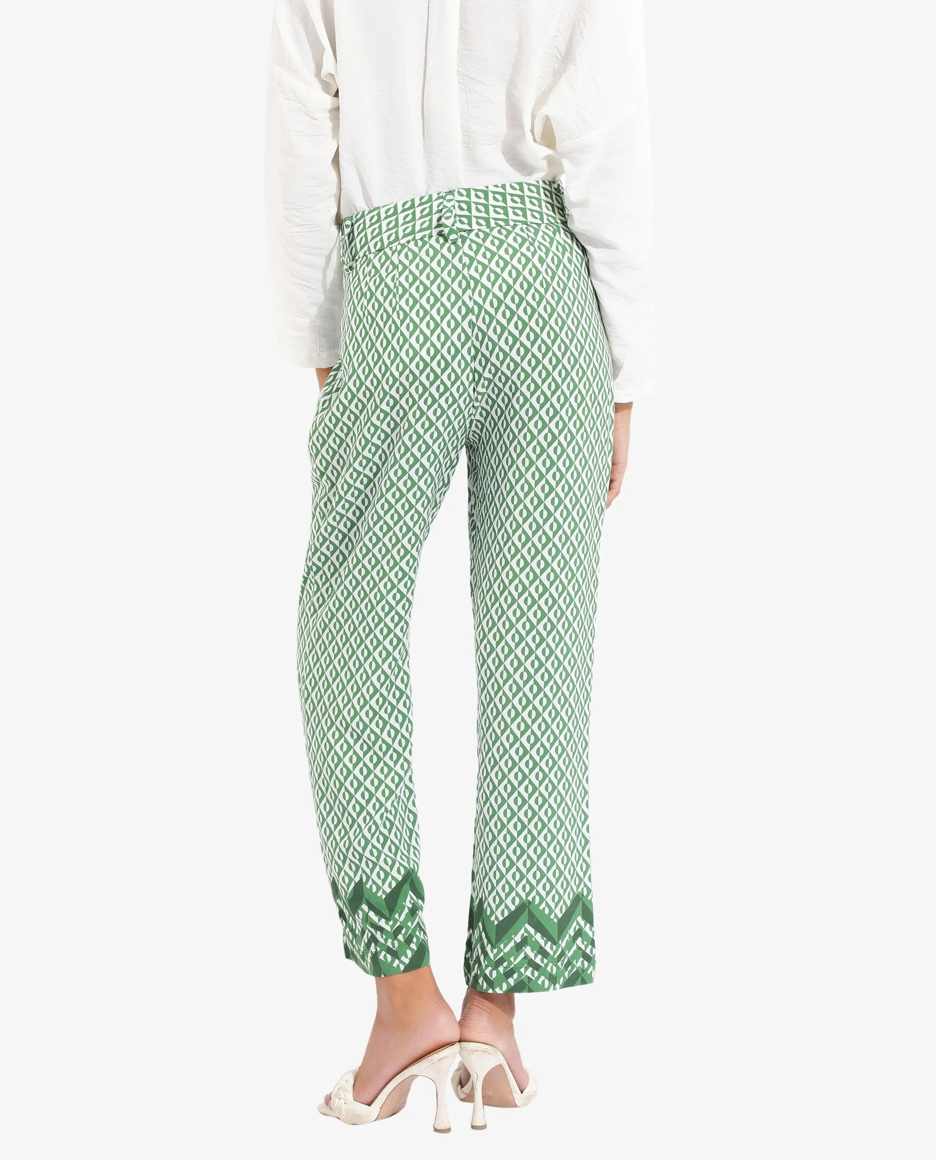 Rareism Women Livornob Dark Green Button Closure Straight Fit Ankle Length Geometric Print Trouser