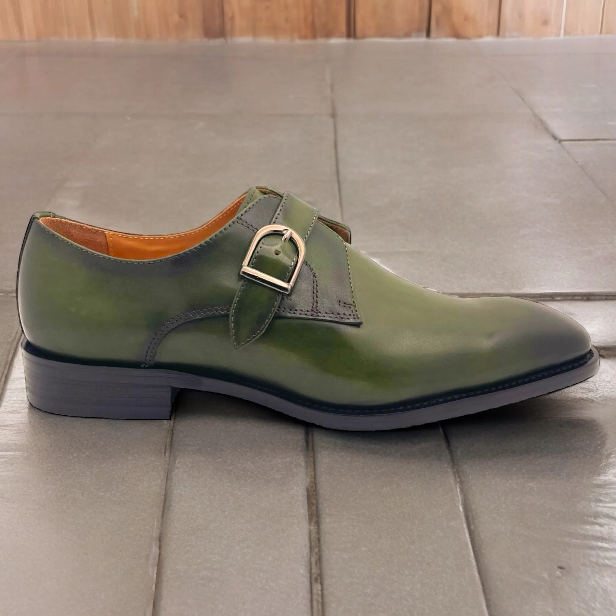 Single Monk Leather Shoe with Patina Finish