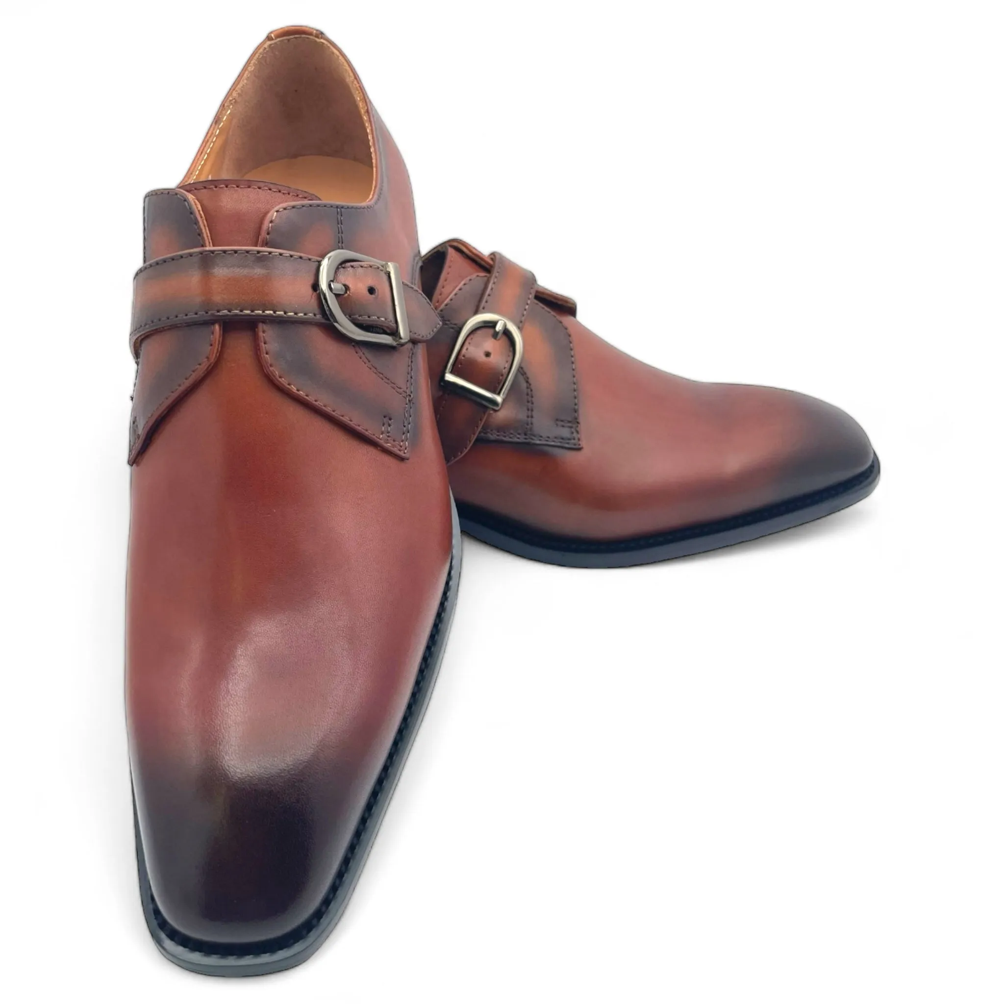 Single Monk Leather Shoe with Patina Finish