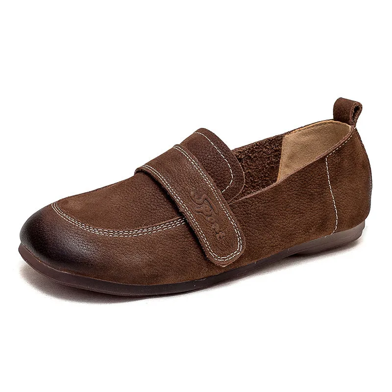 Women Retro Nubuck Soft Velcro Tape Flats