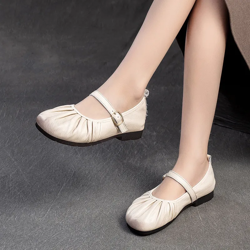 Women Retro Pleated Leather Soft Casual Flats