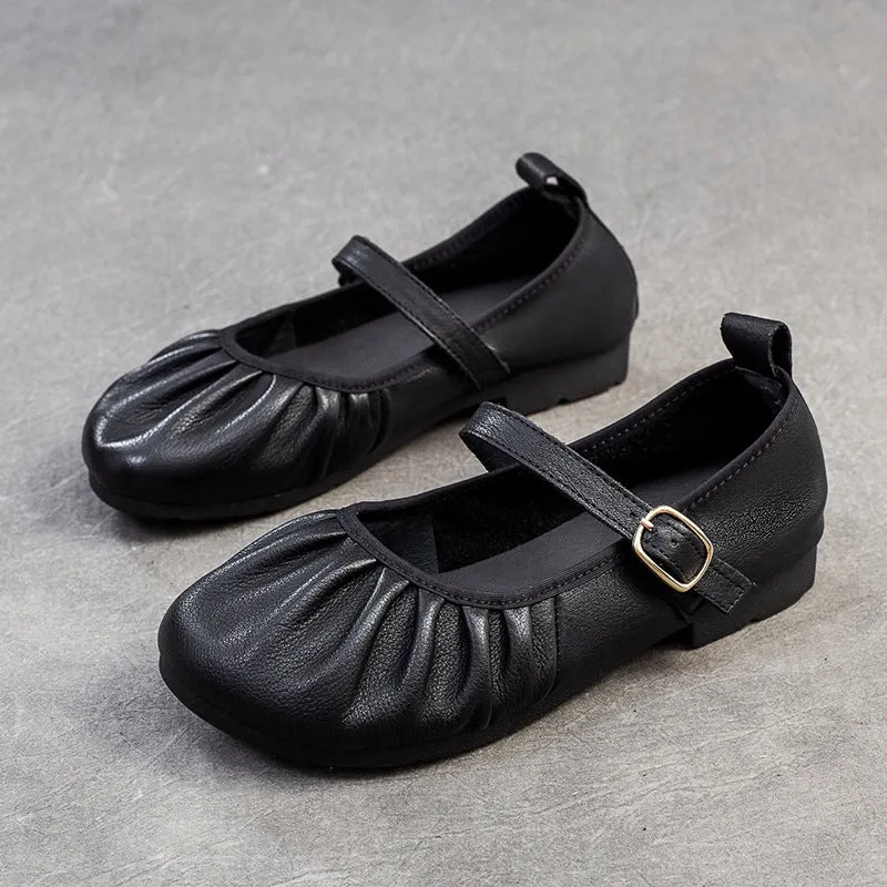 Women Retro Pleated Leather Soft Casual Flats