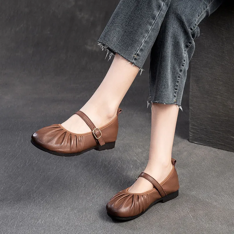 Women Retro Pleated Leather Soft Casual Flats
