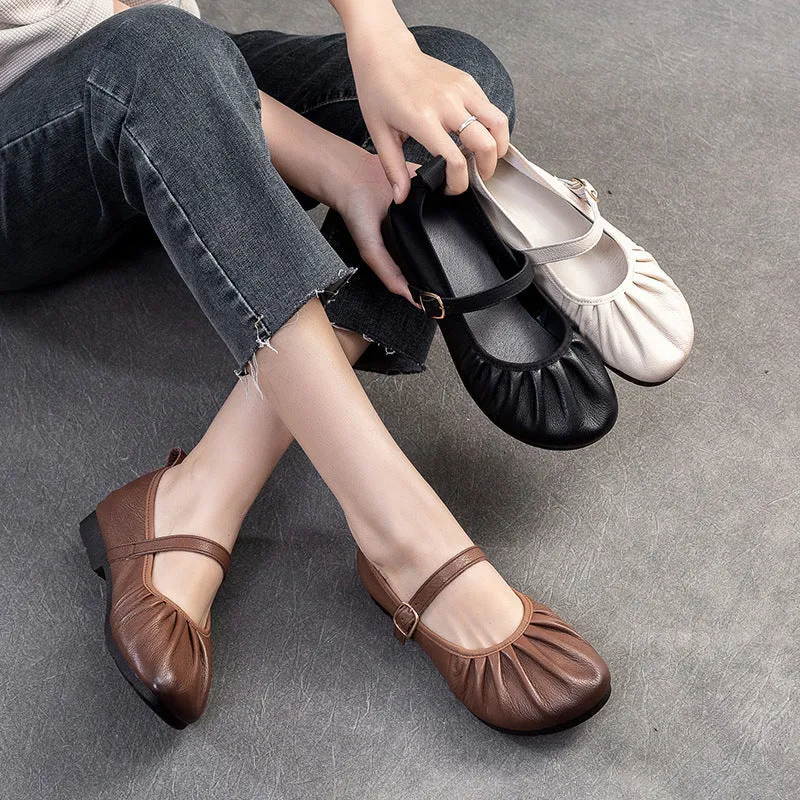 Women Retro Pleated Leather Soft Casual Flats