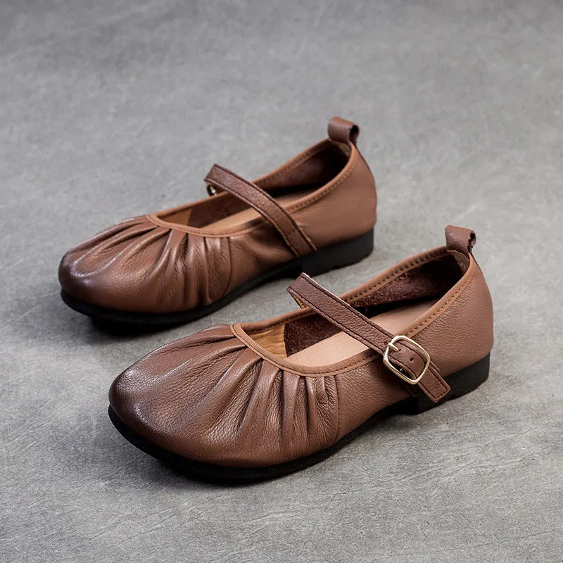 Women Retro Pleated Leather Soft Casual Flats