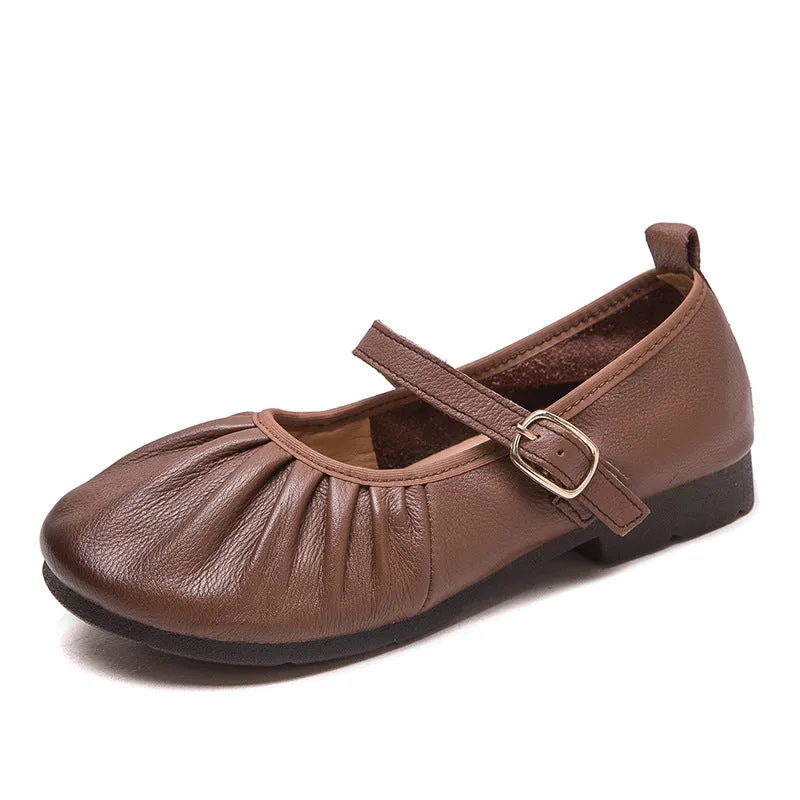 Women Retro Pleated Leather Soft Casual Flats