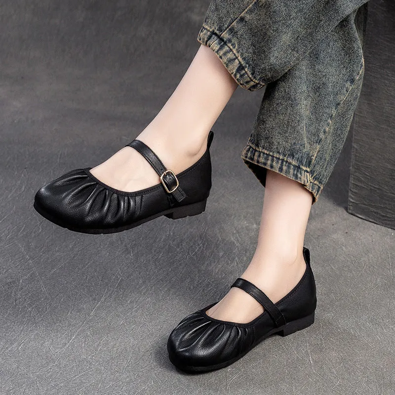 Women Retro Pleated Leather Soft Casual Flats