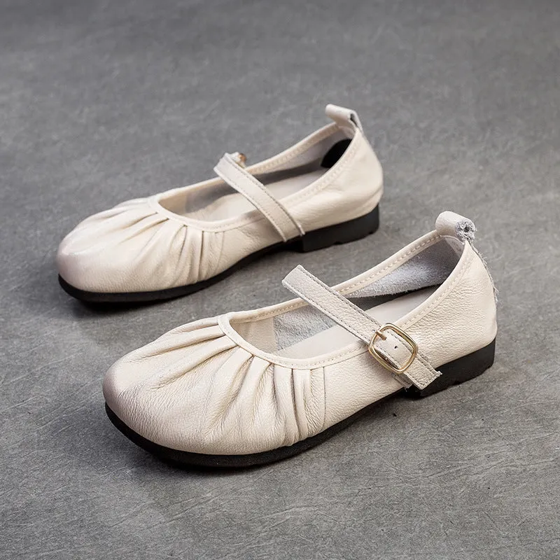 Women Retro Pleated Leather Soft Casual Flats