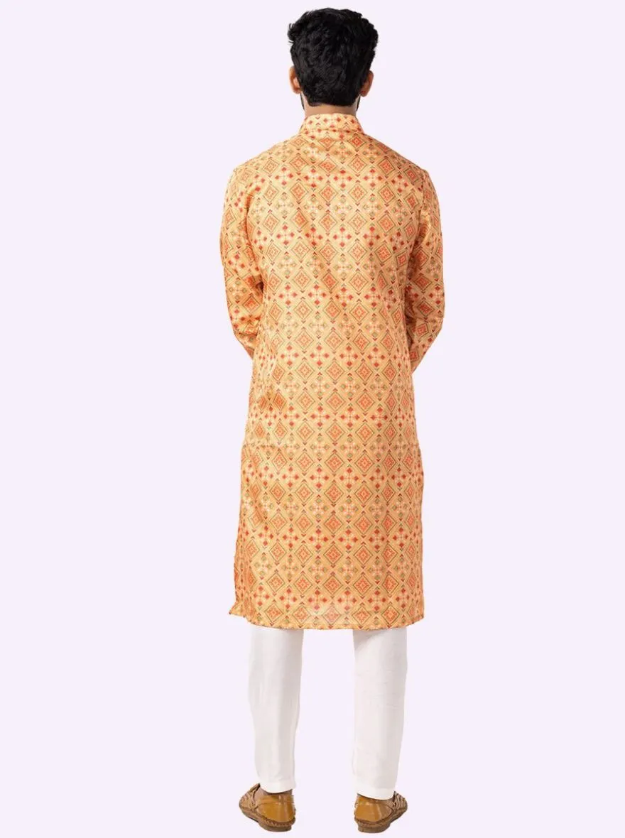 Yellow & Parrot green Cotton Printed Kurta For Men