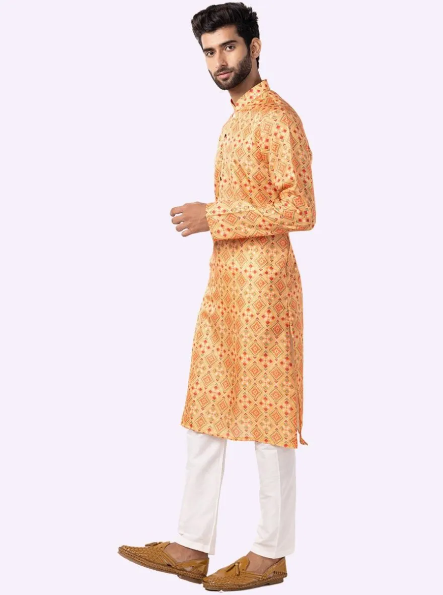 Yellow & Parrot green Cotton Printed Kurta For Men
