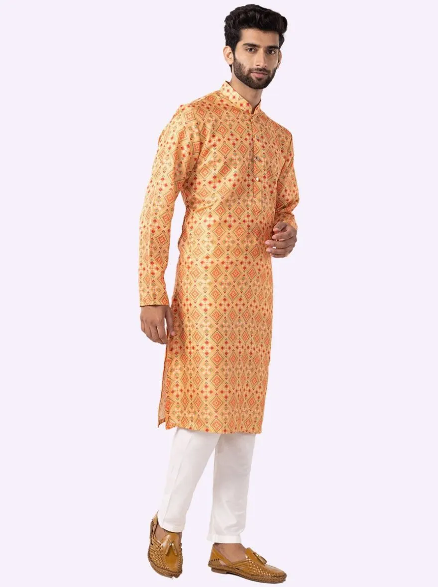 Yellow & Parrot green Cotton Printed Kurta For Men