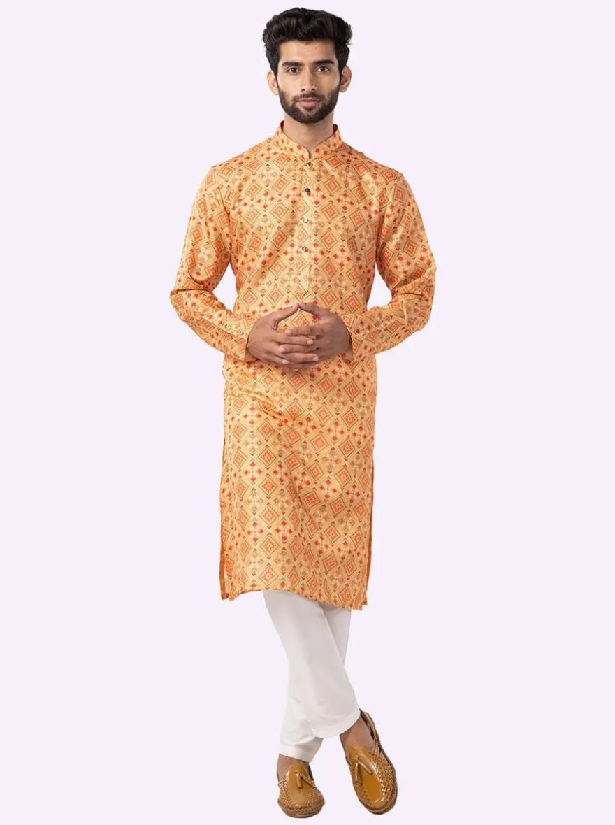 Yellow & Parrot green Cotton Printed Kurta For Men